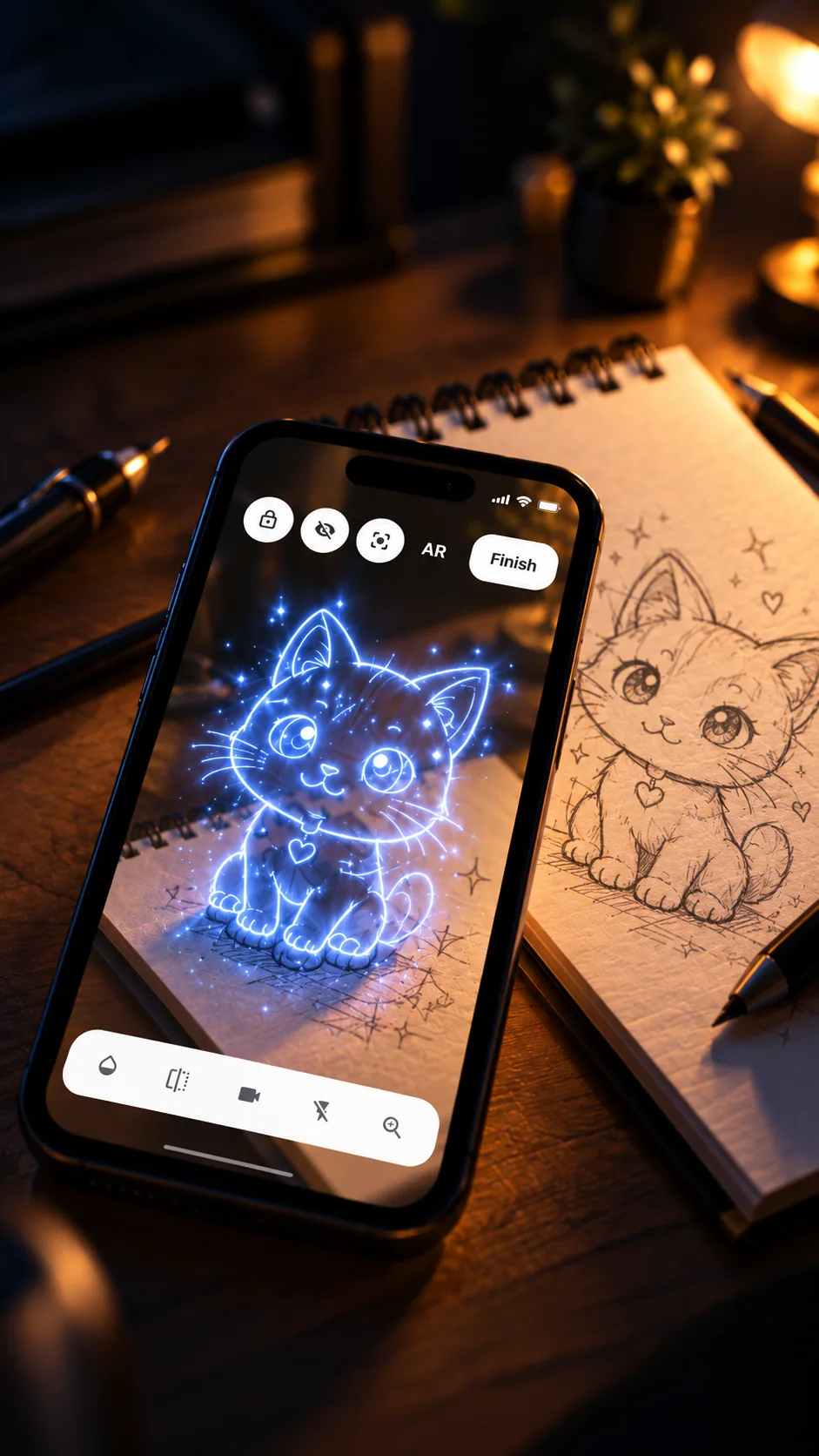 Phone with an augmented-reality cat drawing above a sketchbook