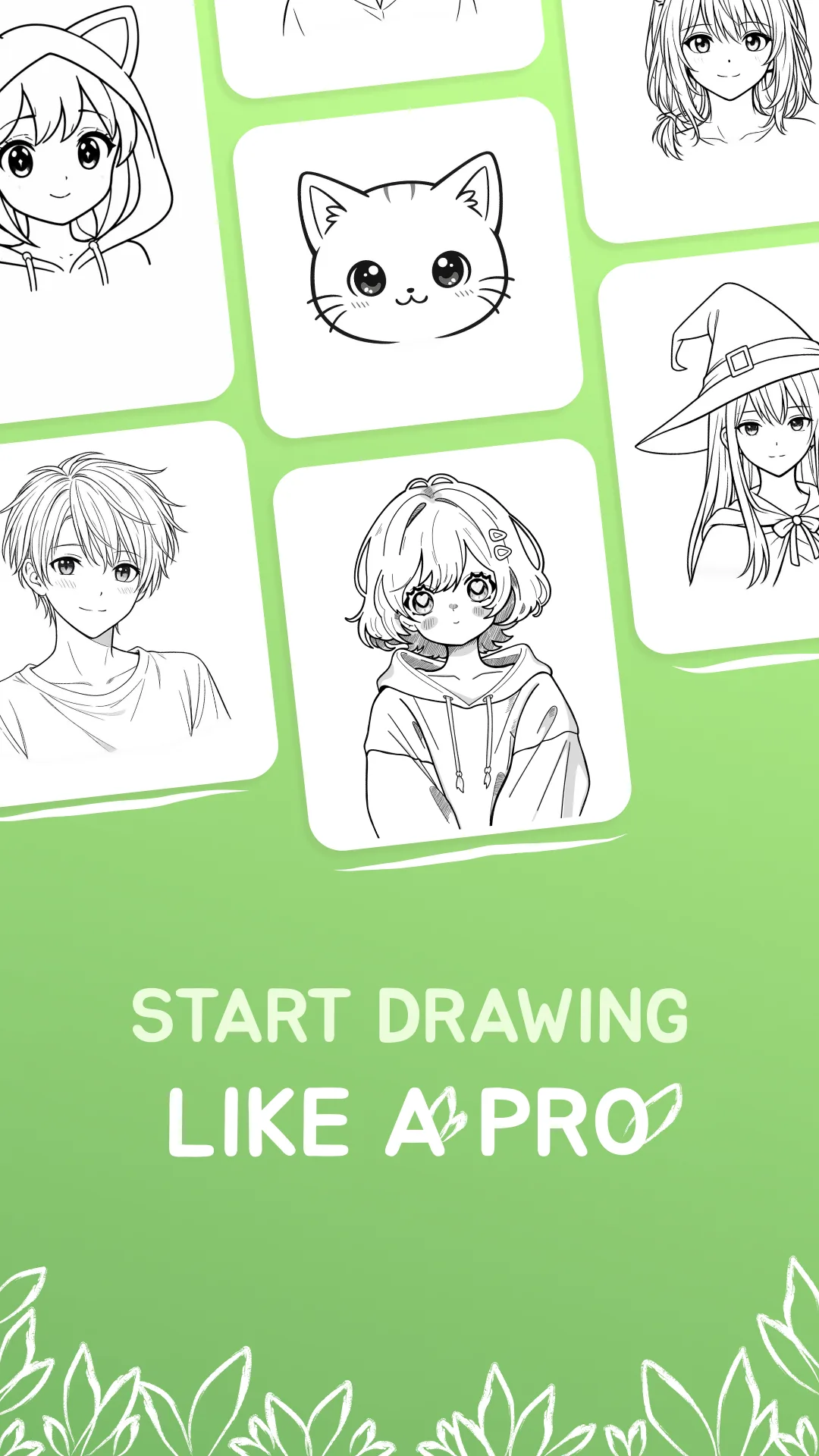 Kawaii drawing template artwork with cute character and animal sketch cards